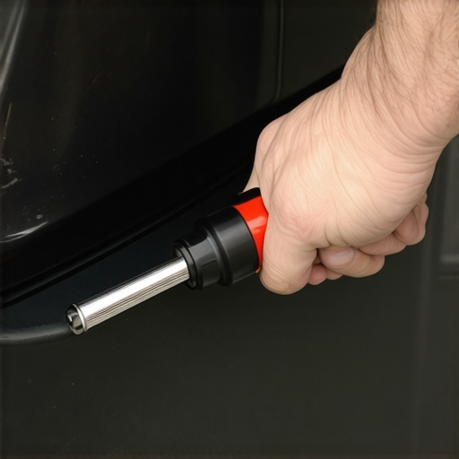 A mechanic uses a screwdriver to simulate the trunk lid closing and testing the latch mechanism for mechanical failure.