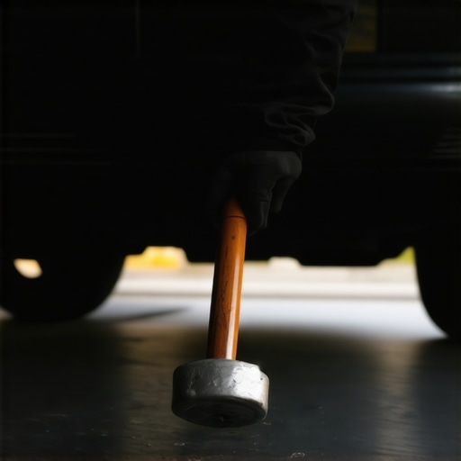 Testing a Muffler with a Rubber Mallet A mechanic performing a rattle test on a car muffler using a rubber mallet to find internal rust.