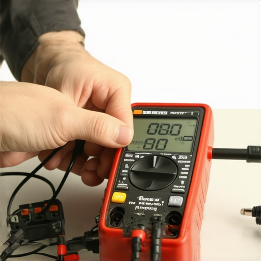 Close up of a person using a multimeter to diagnose a car transmission solenoid