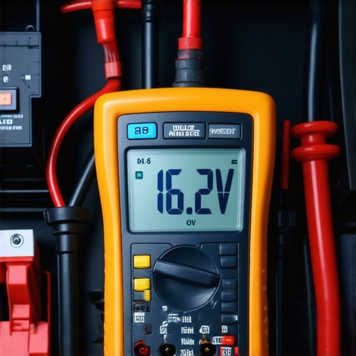 A digital multimeter displaying 16.2 volts while connected to a car battery, indicating a failed voltage regulator.