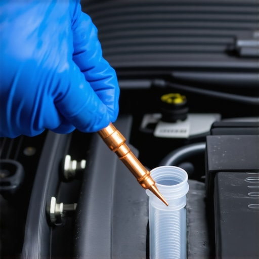 Testing brake fluid for copper contamination Mechanic performing a chemical test on brake fluid to check for copper levels