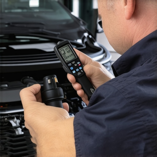 Testing brake fluid for moisture contamination A mechanic checking brake fluid quality with a professional digital tool.