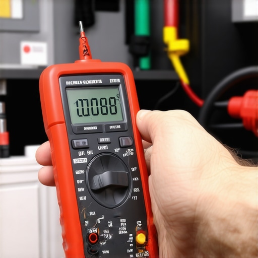 Mechanic testing a car battery with a multimeter to diagnose cold start issues