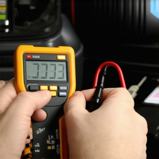 A technician using a digital multimeter to check the health of a car battery in an engine bay.