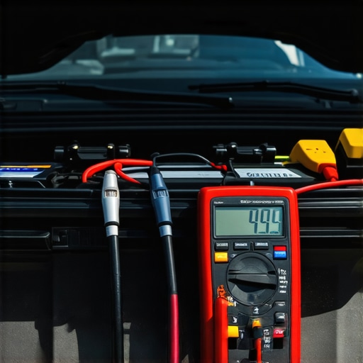 Testing car battery voltage with a multimeter A technician using a digital multimeter to check the charge level of a car battery to troubleshoot auto stop-start issues.