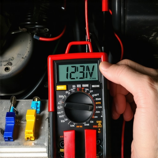 Close up of a person using a digital multimeter to check a car battery's charge level.