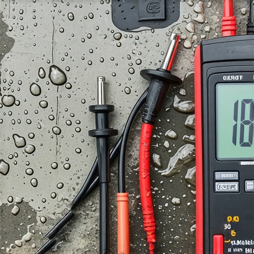 Testing car electrical grounds in high humidity Technician using a multimeter to check electrical resistance on a car ground wire during wet weather.