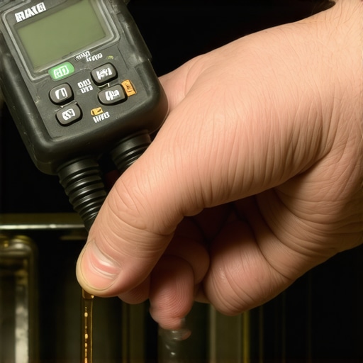 A mechanic using a digital tester to check moisture levels in old, dark brake fluid inside a car reservoir.
