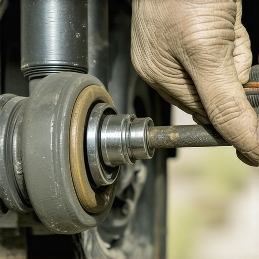 A pry bar checking for play in a car control arm bushing.