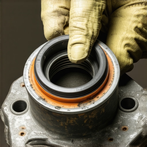 A mechanic pointing to an old oil filter gasket stuck on an engine block