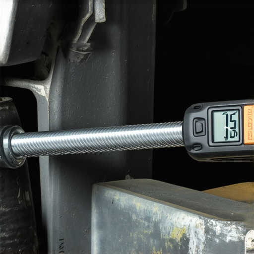 Tightening Suspension U-Bolts with a Digital Torque Wrench Close-up of a mechanic using a digital torque wrench on truck leaf springs for maintenance.