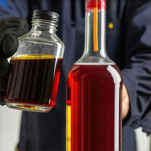 Burnt old transmission fluid compared to new red transmission fluid.