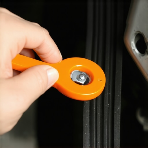 Close-up of a mechanic checking a serpentine belt with a wear gauge tool inside an engine bay