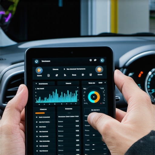 Mechanic using a diagnostic tablet to check engine sensor data