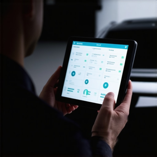 Mechanic using a digital scan tool to troubleshoot vehicle engine and brake systems