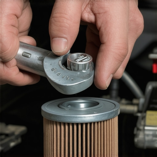 A mechanic using a professional oil filter cap wrench to remove a stubborn filter from an engine block.