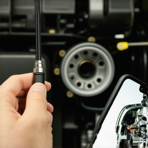 Mechanic using a digital borescope to inspect engine cylinder walls for oil fouling and carbon deposits.