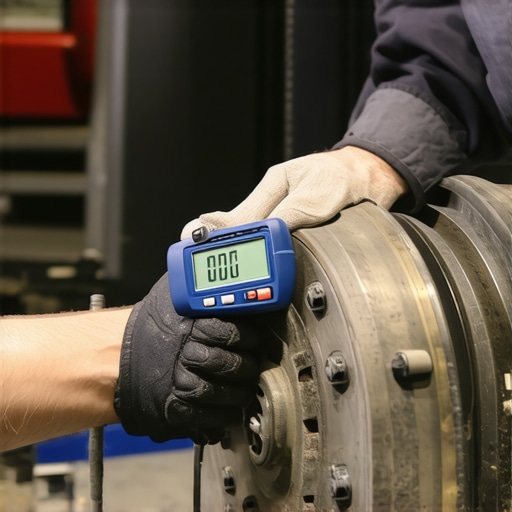 Close up of digital micrometer measuring a car brake rotor