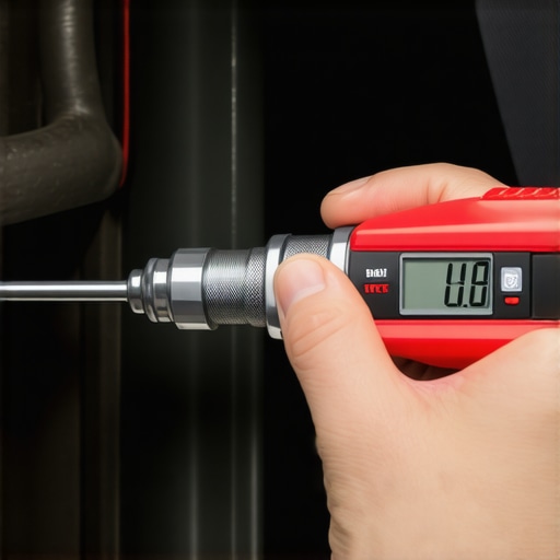 A mechanic using a digital torque adapter to ensure precise bolt tension on an engine.