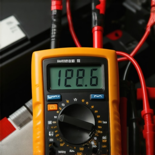 Using a Multimeter for Battery Maintenance Close up of a digital multimeter testing a car battery voltage