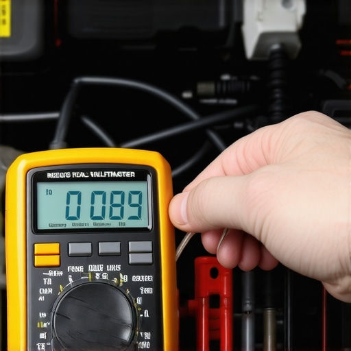 Close up of a digital multimeter testing a car battery to diagnose electrical issues