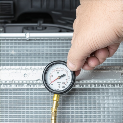 Using a Pressure Tester to Locate Coolant Leaks A pressure tester tool attached to a car's cooling system for diagnostic testing.