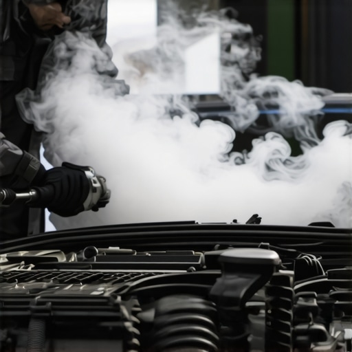 Using a Smoke Machine for Engine Diagnostics Professional smoke machine tool being used to detect a vacuum leak in a car engine bay.
