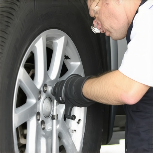 Mechanic torquing lug nuts to prevent brake rotor warping.