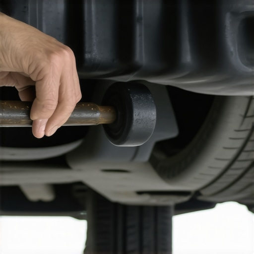 A person tapping a car's undercarriage with a rubber mallet to find suspension rattles.