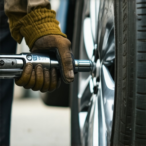 Mechanic tightening car lug nuts with a torque wrench to prevent rotor warping.