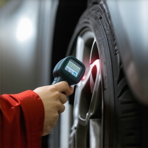 A technician measuring the heat of a car brake rotor with a laser thermometer to find an overheating caliper.