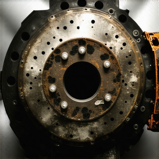 Close up of a brake rotor with dark spots indicating uneven friction material transfer.