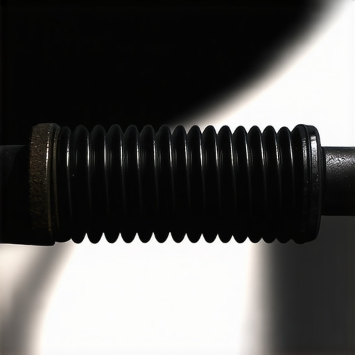 A close-up view of a car shock absorber showing significant oil leakage and dirt buildup, indicating failure.