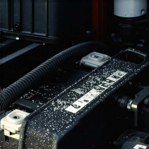 A frost-covered car battery with visible terminals in a cold engine bay.